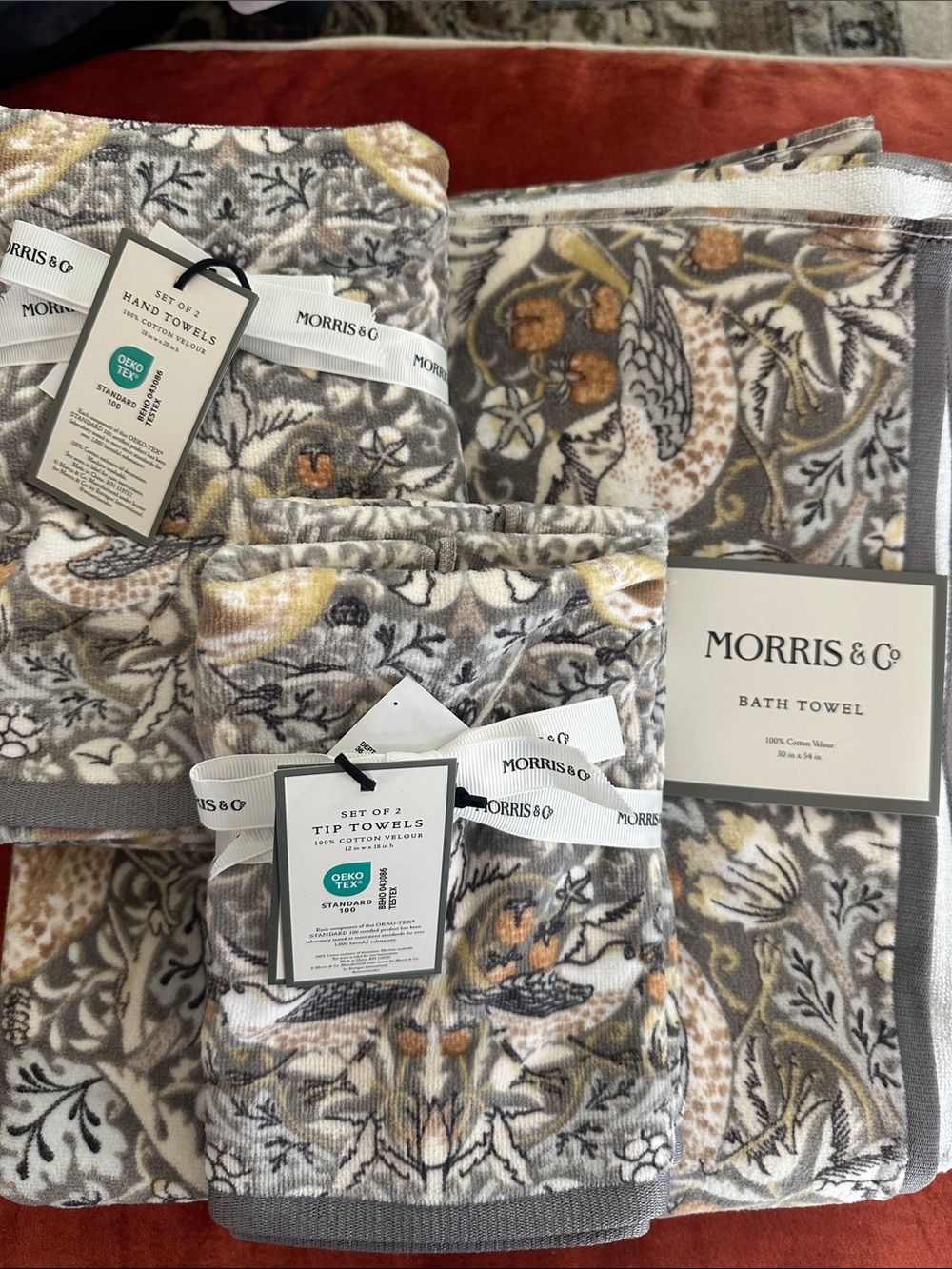 6 pc Morris & Co Strawberry Thief Bird & Floral Bath Hand Tip Towel Set